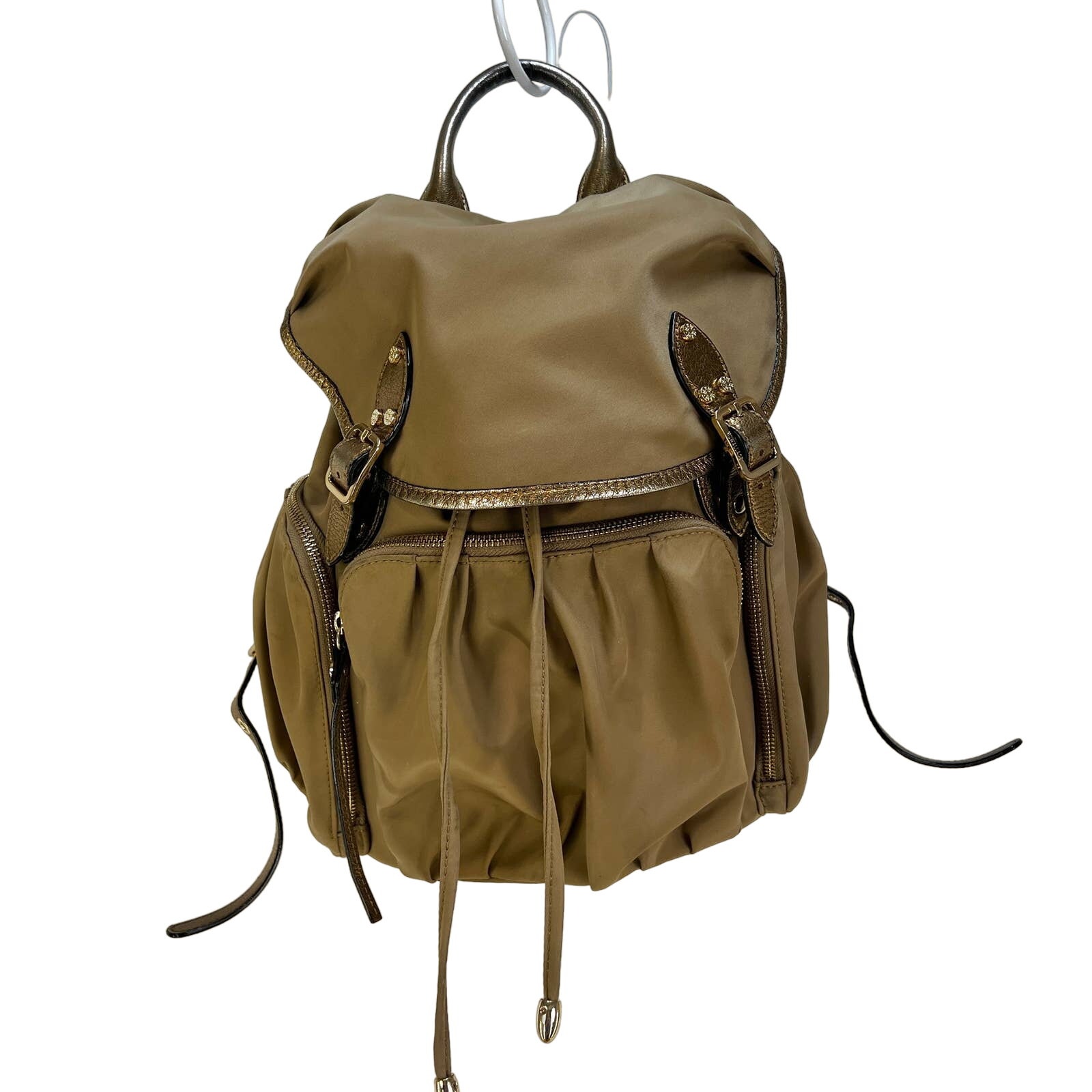 Mz Wallace Marlena Bedford Nylon Drawstring Backpack Tan Metallic Leather Trim